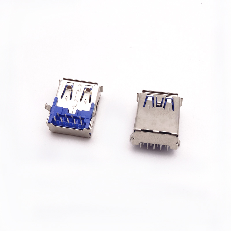 USB 3.0母座 90度彎腳DIP插板 帶后蓋 卷邊藍膠