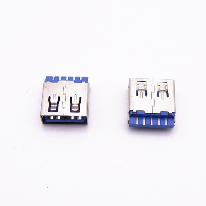 USB 3.0母座 短體9P焊線式雙面焊接 直邊 藍色膠芯